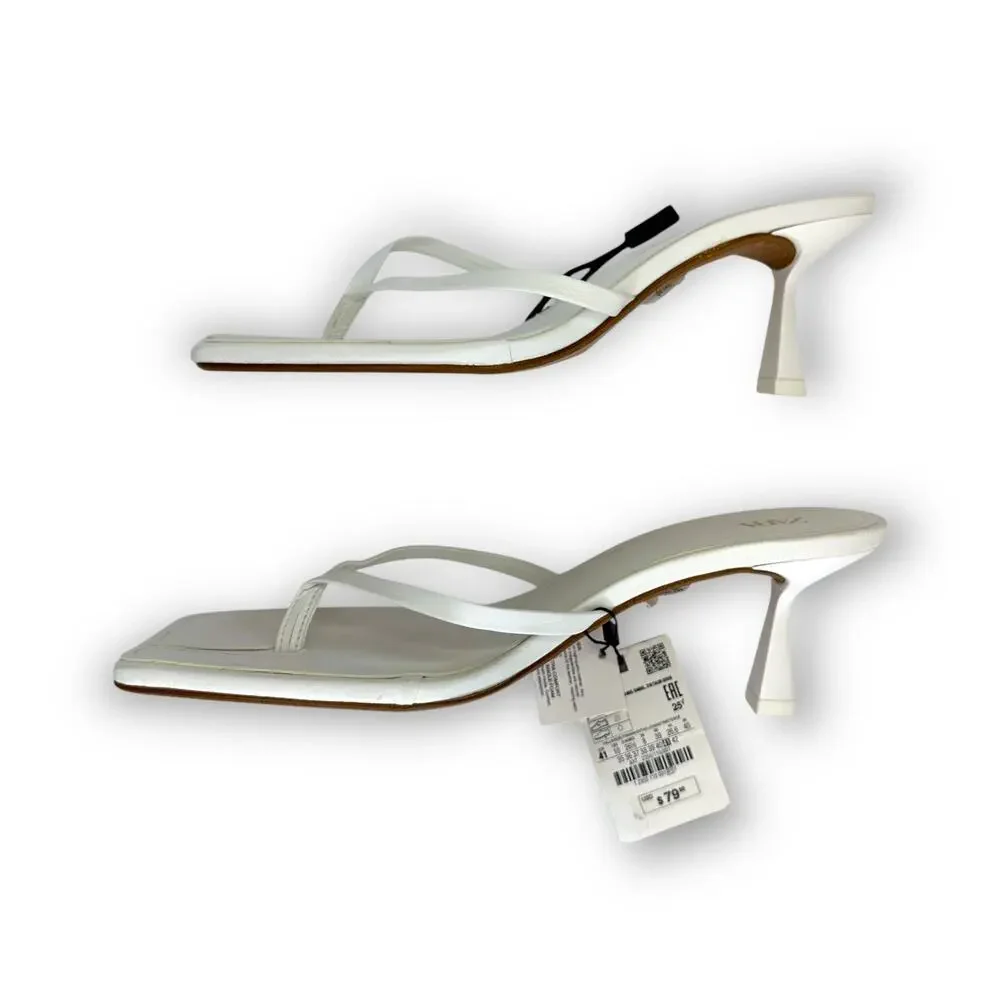 Zara Strappy Toe Post Heeled Leather Sandals Size EU 41 US 10 White Square Toe - Picture 8 of 14